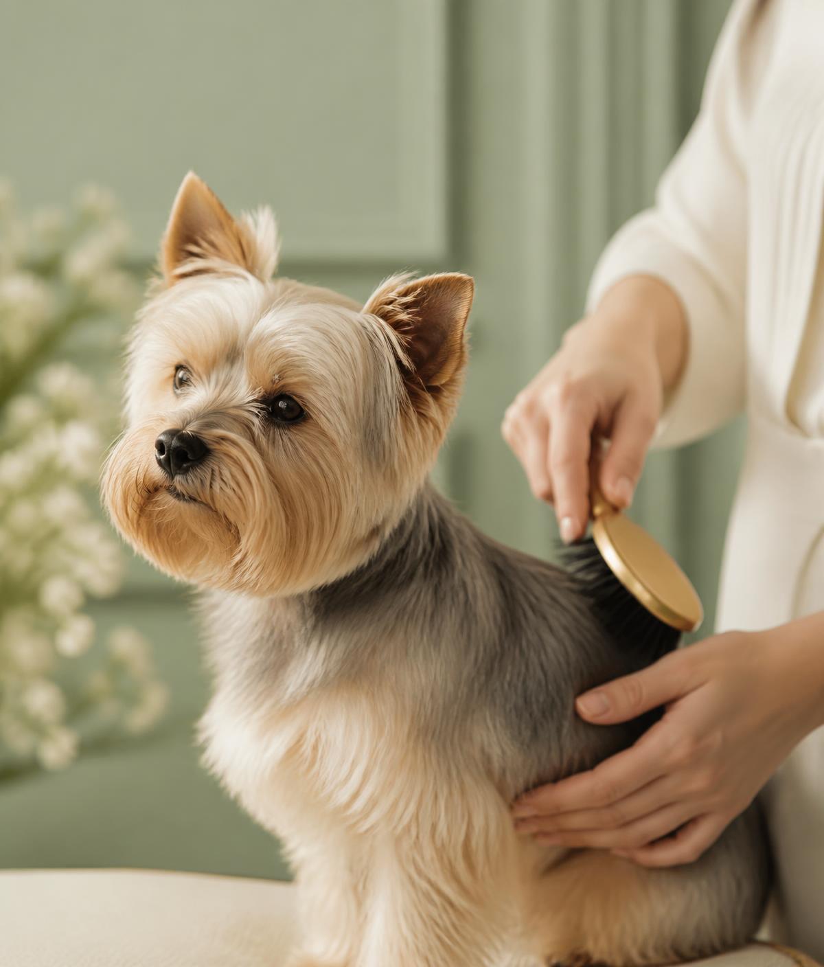 A small dog being gently brushed during a mobile grooming appointment