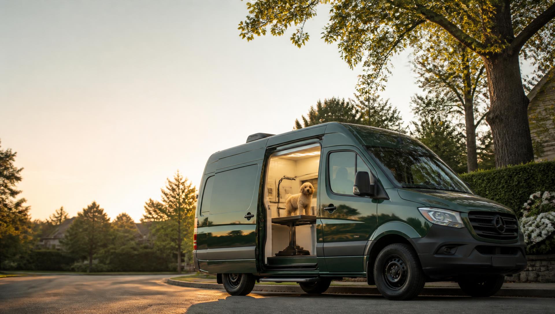 Deep green mobile dog grooming van parked on a quiet residential street at golden hour
